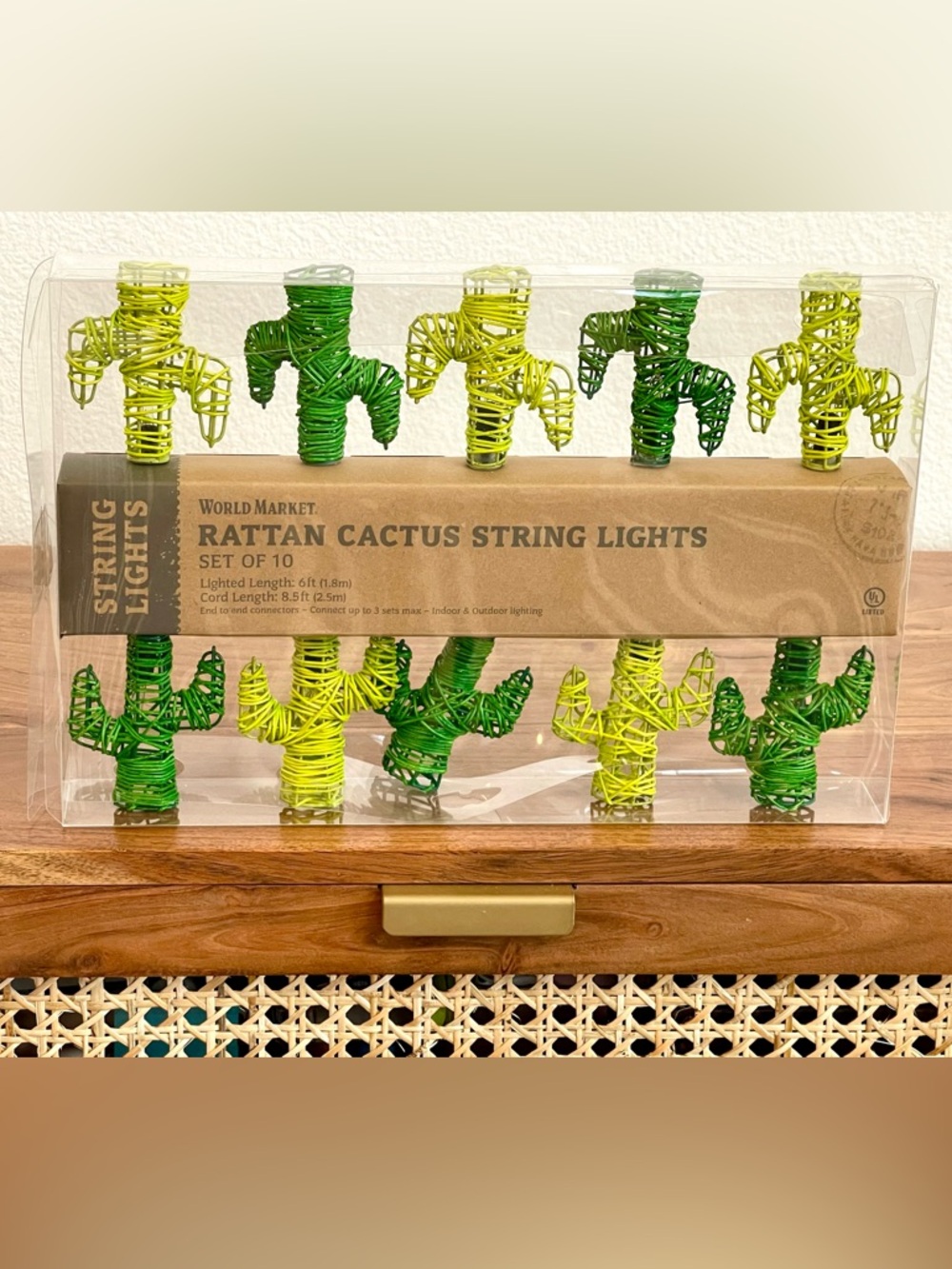 World Market Rattan Cactus String Lights NIB | Boho Desert Patio Indoor Outdoor